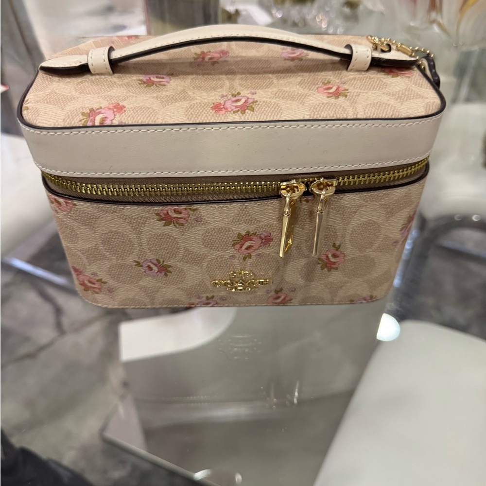 Coach Beige Floral Cosmetic Vanity Case with Pink Rose Accents
